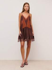 Brown Slip Dress With Contrasting Panels, Lace Accents, And A Flared Hem With Adjustable Straps On Back. Event, Festival, Spring, Summer, Woman. - Brown - View 5