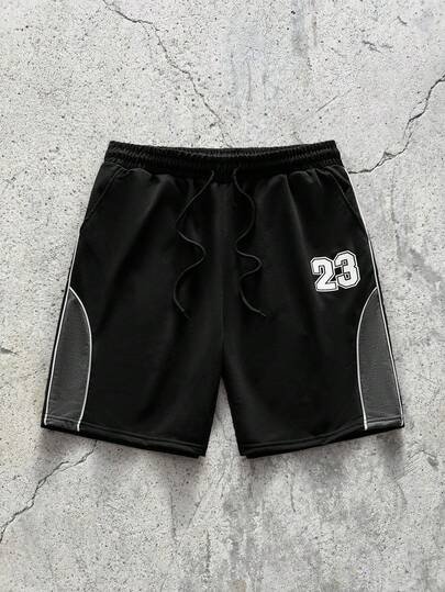 EVRINFINITE Pantalones cortos deportivos negros para hombre con estampado gráfico del número 23, parches de color contrastante, cintura elástica, estilo urbano