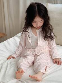 DAZY 3pcs Baby Girl Striped Long Sleeve Top, Pants And Bow Print Camisole Pajama Set - Pink - View 3