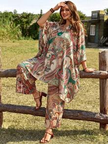 EMERY ROSE Completo casual da donna taglie forti, composto da top lungo con scollo a V e stampa all-over e pantaloni, 2 pezzi - Verde - Visualizzare 6