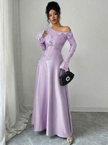 Modelyn Women's Autumn Brown Sexy Asymmetrical Shoulder Mesh Embroidered Long Sleeve High Waist A-Line Dress - Purple - View 5