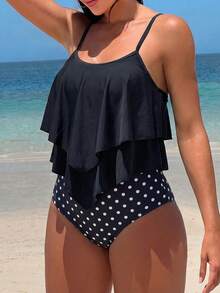 Swim Lushoire Women's Ruffled Hem Camisole And Random Print Triangle Bikini Swimwear Set - Black - View 5