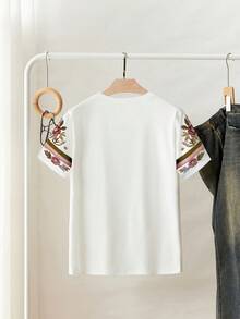 Camiseta de manga corta para mujer, estilo casual de vacaciones, con bordado floral y decoración de perlas artificiales. - Rosa 2 - Ver 6