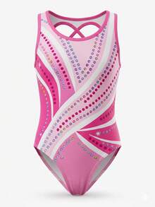 SHEIN 女童全印花圆领露背无袖紧身撞色连体衣 - 粉色 - 查看 7