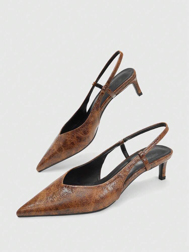 CUCCOO BIZCHIC Ladies Brown Elegant Pointed Kitten Heel Sandals Back Empty Sandals Commuter Fashion Wear