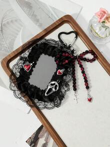 ROMWE Goth 1個Y2k復古時尚甜酷辣妹個性化龐克暗黑風哥德式黑紅細樹脂圓珠手工串珠蝴蝶結CCB圓珠古銀滴油劍穿心火焰皇冠愛心金字塔四角形骷髏十字惡魔翅膀尖叫鬼臉黑色鏤空蕾絲網格百褶蕾絲壓克力卡片卡套校園卡身分證卡套星卡卡套產業卡套DIY鑰匙圈包包吊飾，適合上班族學生派對情侶姐妹女友 - 黑色-16 - 查看 5