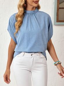 Áo sơ mi denim nữ tay ngắn cổ tàu kiểu cánh dơi, phong cách thường ngày. - Màu xanh lam - Xem 4