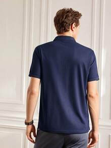 Officeau Polo décontracté d'été pour hommes, col rafraîchissant, style business, pour vacances, manches courtes, t-shirt - Bleu marine - Voir 2