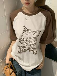 TOM AND JERRY X DAZY Áo thun nữ dáng rộng tay raglan in chữ hoạt hình ngộ nghĩnh, thích hợp mặc đi làm hàng ngày, phong cách thường ngày, mùa hè. - trắng - Xem 9