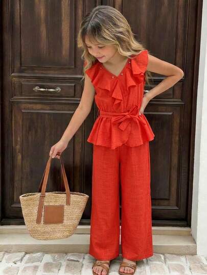 Mono con volantes y cinturón para niñas preadolescentes, elegante, con escote en V y sin mangas.