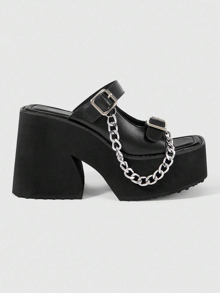 Sugerpunk Giày sandal đế xuồng thời trang gợi cảm dành cho nữ, phong cách Punk Gothic đường phố, thiết kế dây đai đôi chéo quanh đế xuồng, khóa xích kim loại, giày nữ mùa xuân hè thích hợp cho các buổi tiệc tùng, lễ hội ở câu lạc bộ đêm. - màu đen - Xem 1