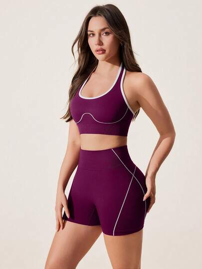SHEIN Core Rhythm Bộ đồ thể thao nữ màu đỏ đô không đường may, kiểu dáng không tay, lưng chữ Y, chất liệu mềm mại và thoải mái, phù hợp cho tập luyện, chạy bộ, mặc thường ngày và tập yoga.