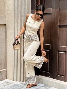 Women's Summer Vacation Floral Embroidery Button Front Tank Top And Pants 2 Pieces Set - Apricot - View 4