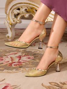 CUCCOO TILAWA Women's Fashion Rose Gold Glitter Rhinestone Chain High Stiletto Heel Pointed Toe Hollow Out Pumps, Suitable For Spring And Autumn Valentine's Day - Golden yellow - View 4
