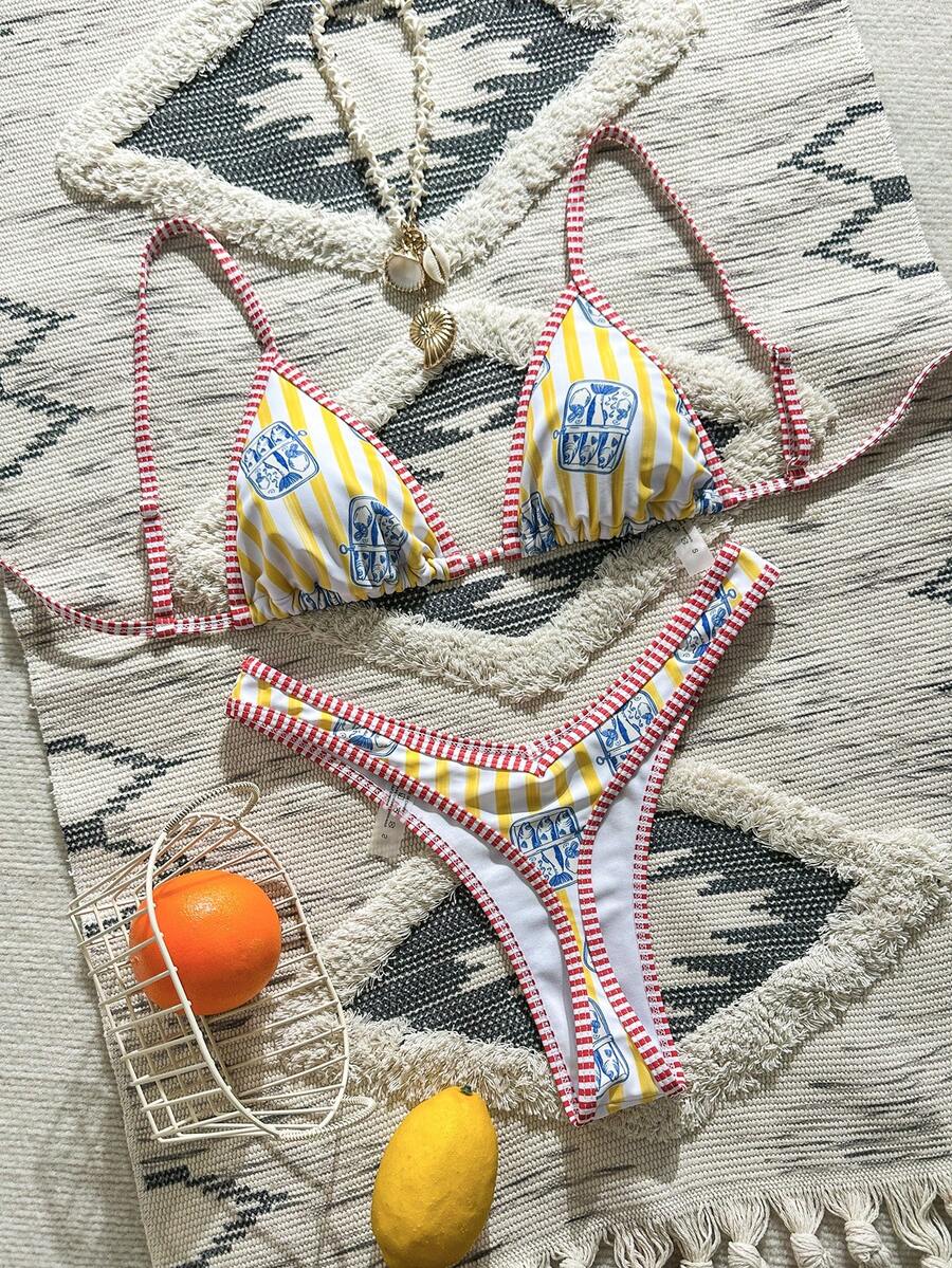Swim Mod Bộ bikini tam giác gợi cảm dành cho nữ, họa tiết cá, kiểu dáng thường ngày, phong cách châu Âu và Mỹ, gồm 2 mảnh, thích hợp cho ngày Quốc khánh. - Màu vàng - Xem 1