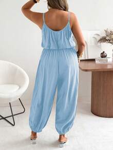Ceyna Bộ jumpsuit ống rộng xếp ly màu trơn thanh lịch, dáng thường ngày, cỡ lớn. - Màu xanh lam - Xem 2