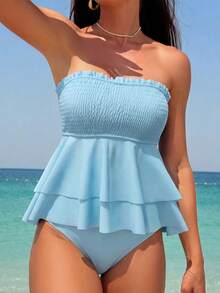 SHEIN Swim Mod Bộ đồ bơi tankini quây ngực màu trơn dành cho nữ, thích hợp cho mùa hè đi biển. - Màu xanh lam - Xem 1