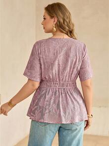 Roveilla Plus Size Women's Summer Elegant V-Neck Lace Patchwork Short Sleeve Blouse,Maroon Embroidered Textured Button Top,Tea Party Fitted Solid Color Shirt - Dusty Pink - View 2