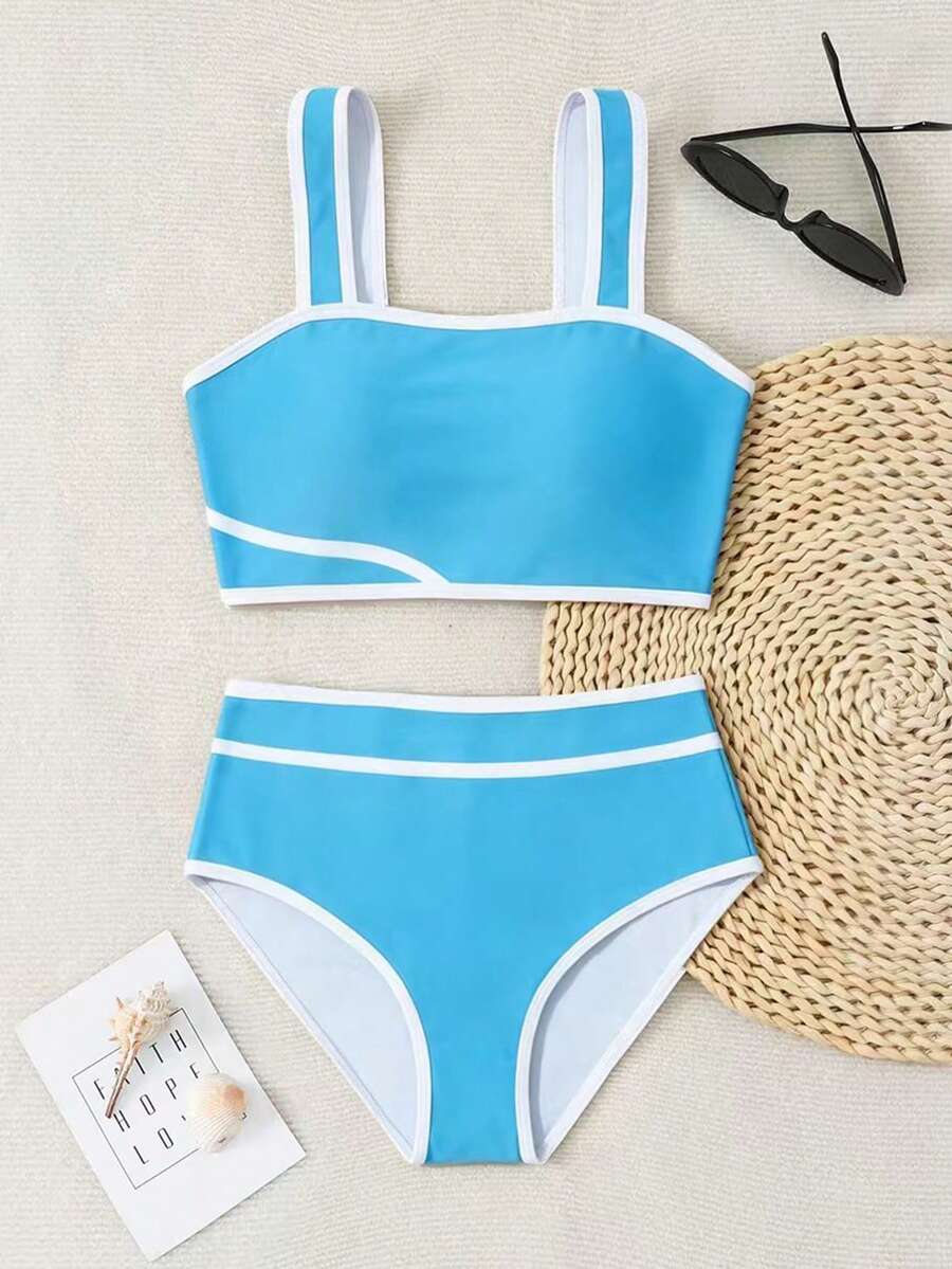 SHEIN 少女简约黑白撞色针织比基尼套装,上衣搭配三角泳裤,时尚休闲优雅,适合游泳、夏季度假、海滩、泳池、节日派对等场合。 - 藍色 - 查看 1