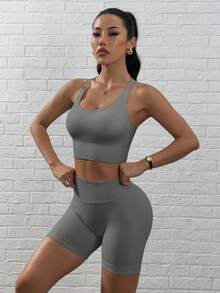 Gameset SHEIN Sport 2件装女士简约纯色交叉背带运动文胸 - 彩色 - 查看 7