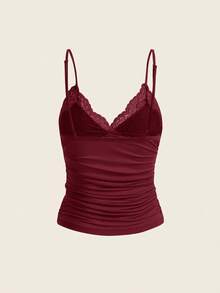 SHEIN ICON Áo camisole nữ mùa hè kiểu dáng thường ngày màu đỏ tía phối ren nhún bèo. - Màu Đỏ Sâu - Xem 2