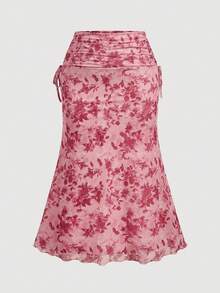 SHEIN MOD Bộ đồ mùa hè thanh lịch dành cho nữ cỡ lớn, gồm áo ngắn tay thắt nút in họa tiết và chân váy đuôi cá, trang phục mùa hè cho nữ, bộ chân váy mùa thu cho nữ, trang phục cho nữ cao, bộ đồ mùa thu cho nữ, bộ đồ nghỉ mát hai mảnh in họa tiết nhiệt đới, phong cách nghỉ dưỡng đồng quê. - Hồng - Xem 6