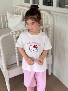 Dazy Kids HELLO KITTY | DAZY 女童夏季卡通印花短袖上衣與條紋長褲睡衣套裝 - 彩色 - 查看 4