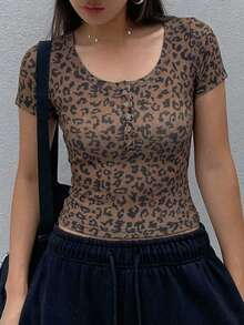 Dazy Star Women's Leopard Print Button Half-Placket Short Sleeve T-Shirt - Multicolor - View 2