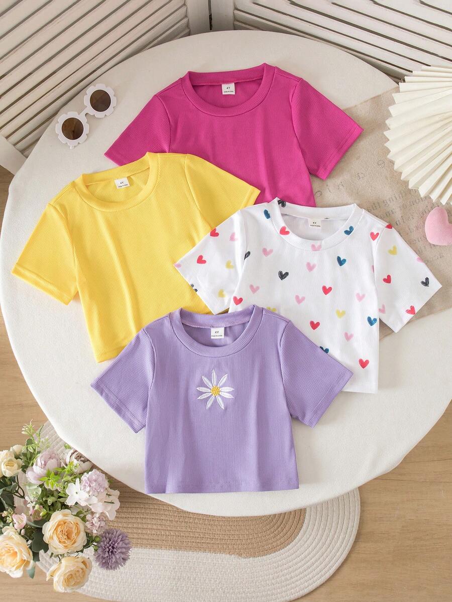 SHEIN 4件套女童简约雏菊刺绣弹力罗纹圆领短袖T恤露脐上衣，白色、紫色、黄色、玫红色组合，夏季日常穿着 - 彩色 - 查看 1