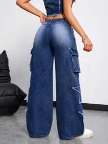 SHEIN ICON Damskie jeansy z szerokimi nogawkami i kieszeniami - Ciemny jeans - Zobacz 2