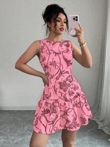 Selianne 最新款印花圆领无袖收腰女士迷你连衣裙，春夏款 - 粉色 - 查看 4