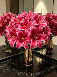 1/8/15/Pink Artificial Lily, Simulation Flower Decoration Suitable For Home Decoration, Bouquets, Wedding Bride Gifts, Birthday Party Supplies, Desktop Decoration, Courtyard Decoration, Wedding Decoration, Hand-Held Flowers, Fake Flowers, Back To School Decoration - Hot Pink - View 5