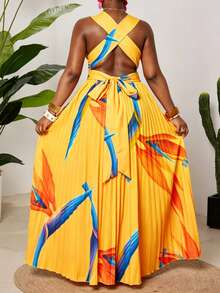 Maweii Plus Size Women Tropical Print Ruffle Dress - Yellow - View 2