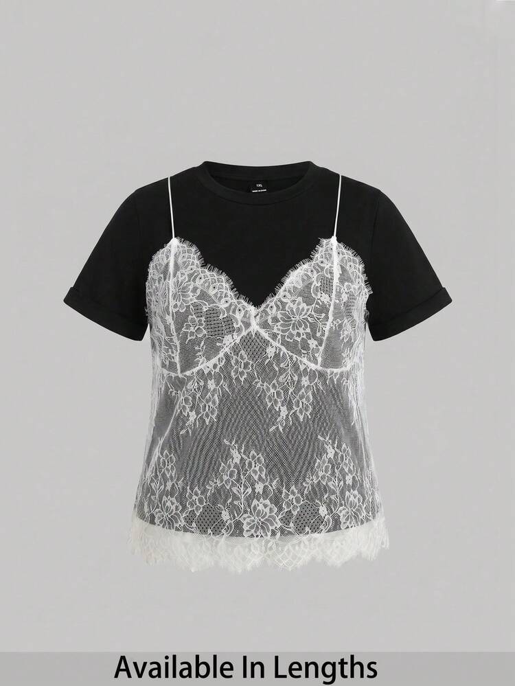 SHEIN Tall CURVE Áo thun tay ngắn cổ tròn phối ren trắng cỡ lớn mùa hè (2 trong 1) - Đen và trắng - Xem 5