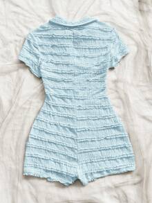 Soleia Women's Solid Color Multi-Layer Frill Trim Short Sleeve Button Half Placket Casual Jumpsuit - Blue - View 2