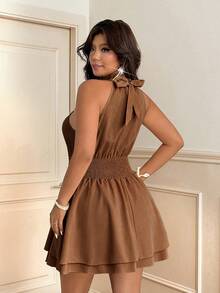 Vionelle Plus Size Elegant Pleated Halter Neck Sleeveless Tie-Waist Double Ruffle Hem Dress - Brown - View 2