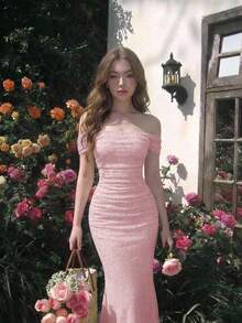 SHEIN MOD Women's Elegant Romantic Solid Color Off-Shoulder Fishtail Dress Summer Wedding Dinner Baby Pink - Pink - View 3