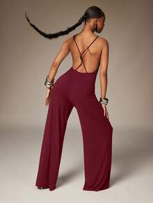 Denimoi Bộ jumpsuit hở lưng ống rộng, jumpsuit gợi cảm, jumpsuit lưng chữ X, thích hợp cho kỳ nghỉ ở Ibiza, mùa hè châu Âu. - Màu Đỏ Sâu - Xem 2