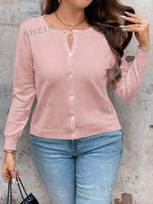 Plus Size Casual Versatile Solid Color Cardigan - Pink - View 3