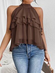 Firerie Áo hai dây xếp tầng nhiều lớp bằng chiffon màu trơn dành cho nữ, thích hợp cho kỳ nghỉ hè ở bãi biển. - Cà phê nâu - Xem 6