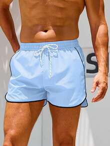 Palasendo Men's Summer Beach Vacation Drawstring Waist Contrast Piping Slant Pocket Loose Beach Shorts, Holiday - Baby Blue - View 3