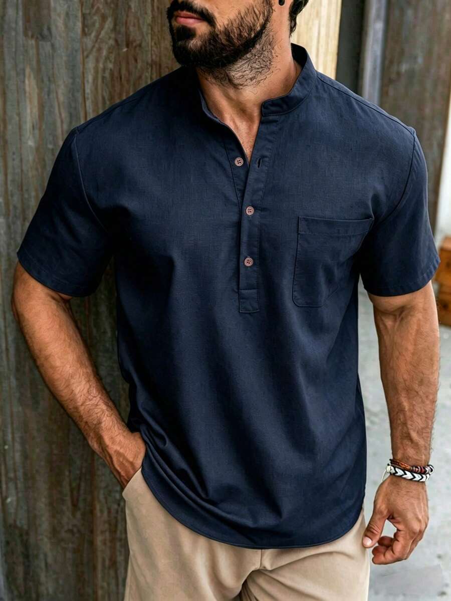 Manfinity CasualCool Men's Solid Color Casual Versatile Daily Wear Short Sleeve Shirt - Navy Blue - View 1