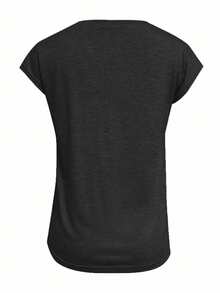 EMERY ROSE Kaos Wanita Kasual Sehari-hari Minimalis Warna Polos Leher V Lengan Pendek Musim Panas Golf Pastel - Hitam - View 2
