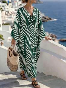 SHEIN Holidaya Đầm dài nữ kiểu dáng cổ điển, rộng rãi, cổ chữ V sâu, thích hợp cho kỳ nghỉ biển. - màu xanh lá - Xem 5