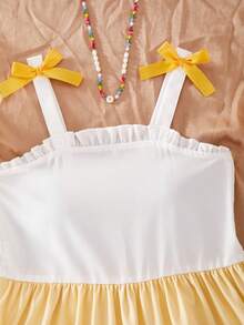 Girls'white And Yellow Summer Cute Strap Dress,Woven Patchwork Layered Design,Decorative Bow Accent,Elegant Color Blocking,Vacation Holiday Wear - Multicolor - View 5