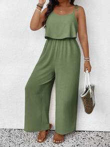 SHEIN Frenchy Plus Size Casual Vacation Textured Solid Color Jumpsuit - Green - View 1