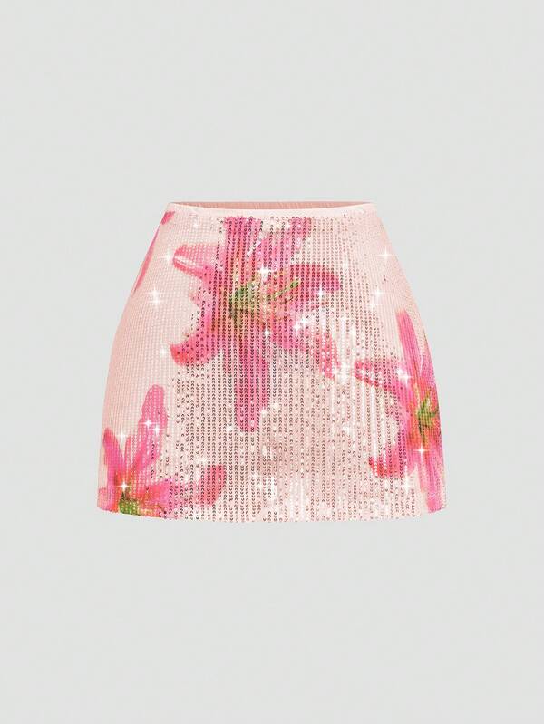 Sweetra Large Size Women's Spring And Summer Retro Sexy Romantic Elegant Vacation Multifunctional Sequin Lily Floral Print Sparkling Comfortable Casual Shorts Skirt, Sequin Shorts, Women's Carnival Shorts, Carnival Clothing, Holiday, Back To School Season, Back To School Party, Concert Clothing, Spring And Summer+Coachella Music Festival/Party