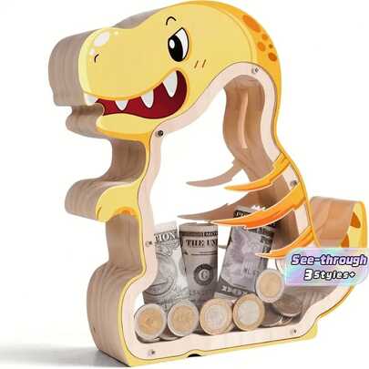 1 pieza Hucha de dinosaurio de madera, hucha transparente con ventanas de acrílico, hucha creativa y duradera, adecuada para regalos de dinosaurios para decoración del hogar, cumpleaños y Día de San Valentín.