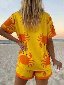Vaclyn Women's Casual Crab Print Shirt & Shorts Set - Yellow - View 2