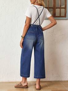 EMERY ROSE Quần yếm denim dáng rộng có túi và cúc cài, đa năng dành cho nữ. - Màu xanh lam - Xem 3